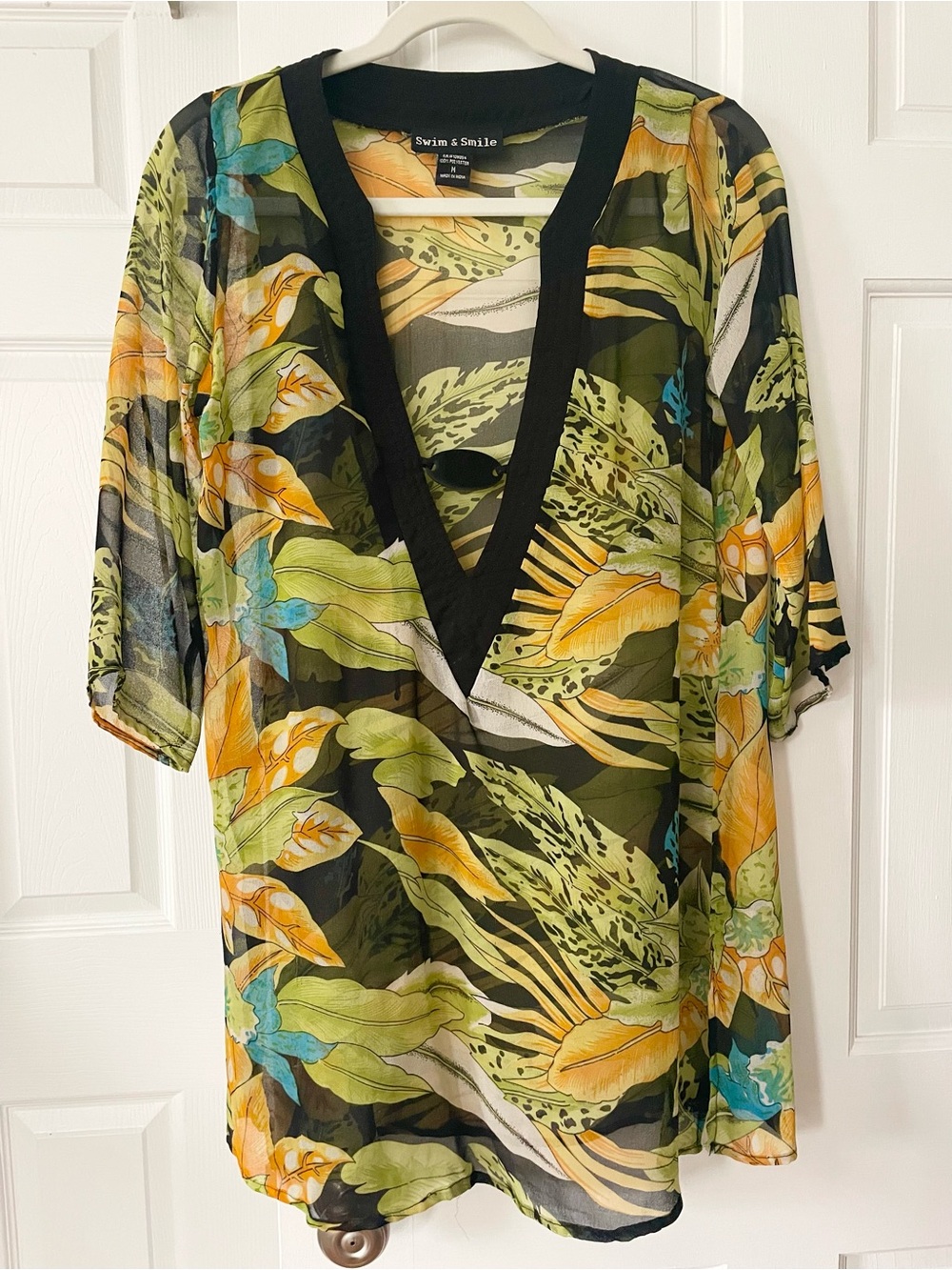 Tropical V-Neck Tunic - Black with Green & Yellow Floral Print